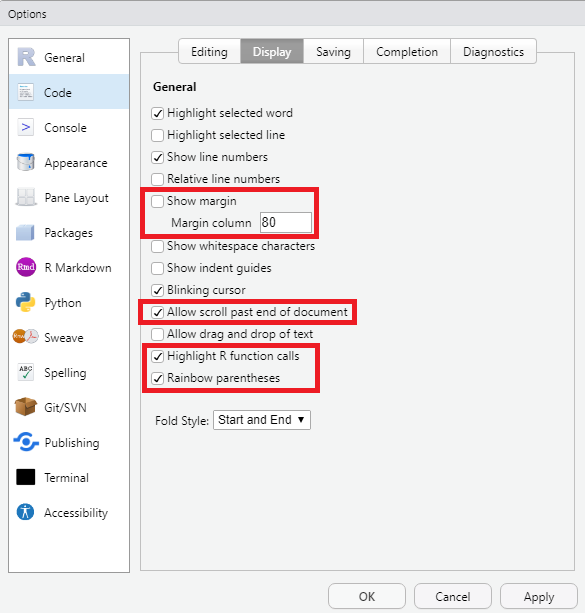 code display settings